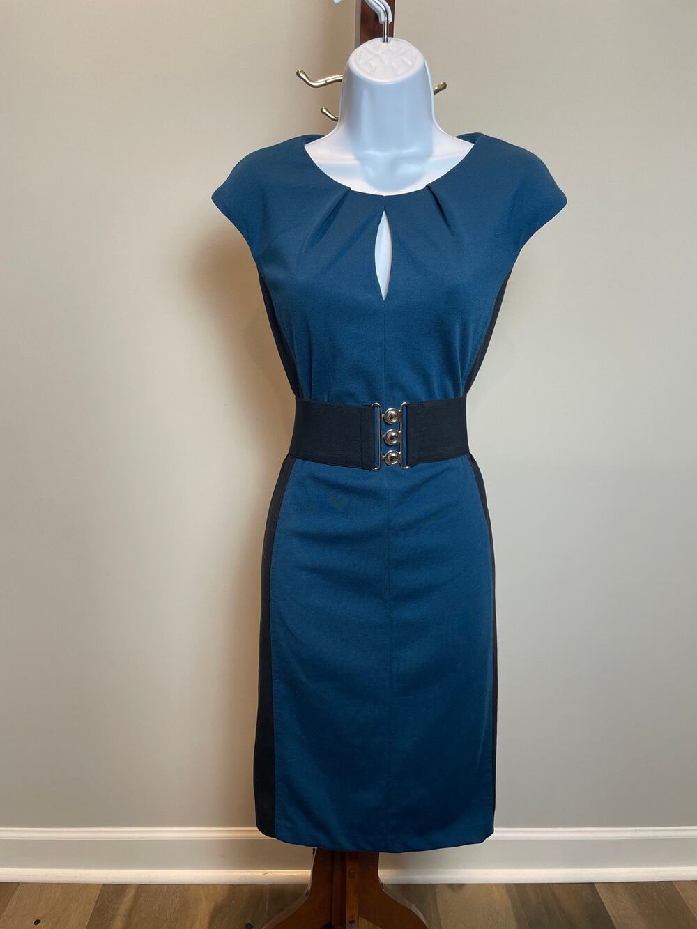 New York & Company Dark Teal Stretch Sheath Dress Black Trim Keyhole Neck Size M